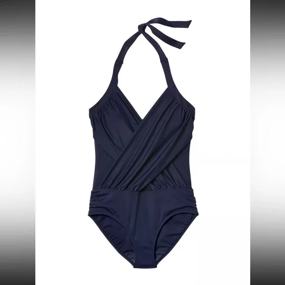 Athleta Navy Blue Wrap Halter Tie Slimming One Piece Swimsuit size 40 B/C EUC - Picture 3 of 12